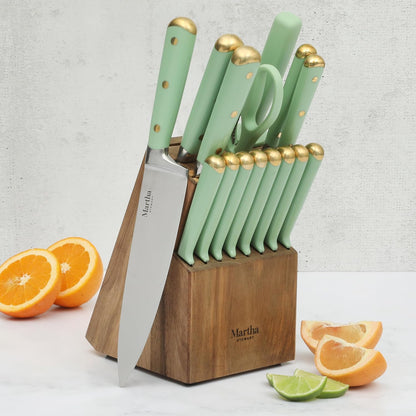 Knife Block Set 16-Piece - Lockton High Carbon Stainless Steel Forged Full Tang Chef Knives, Acacia Wood Block, Triple Riveted Handles, Linen White & Gold