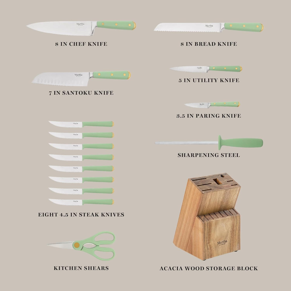 Knife Block Set 16-Piece - Lockton High Carbon Stainless Steel Forged Full Tang Chef Knives, Acacia Wood Block, Triple Riveted Handles, Linen White & Gold