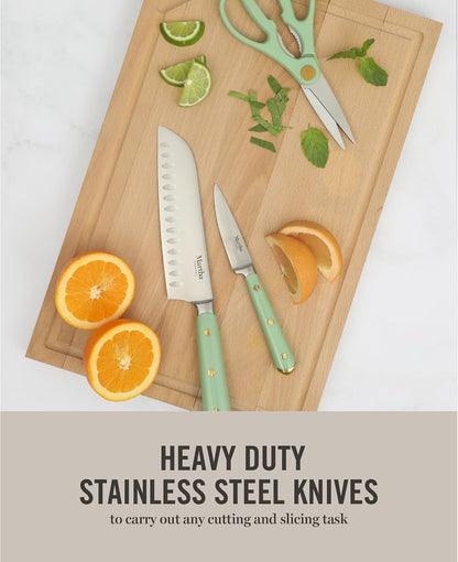 Knife Block Set 16-Piece - Lockton High Carbon Stainless Steel Forged Full Tang Chef Knives, Acacia Wood Block, Triple Riveted Handles, Linen White & Gold