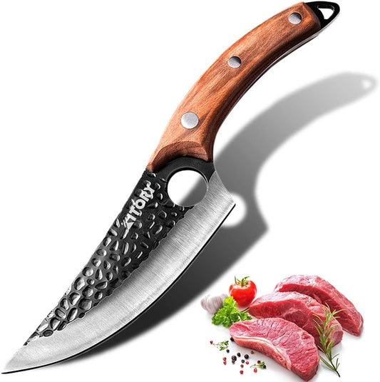 Butcher Knife for Meat Cutting, Hand Forged Viking Boning Knife with Ergonomic Wood Handle, High Carbon Steel Chinese Chef Knife for Camping, Outdoor, BBQ, Birthday Gift for Men