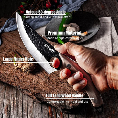 Butcher Knife for Meat Cutting, Hand Forged Viking Boning Knife with Ergonomic Wood Handle, High Carbon Steel Chinese Chef Knife for Camping, Outdoor, BBQ, Birthday Gift for Men
