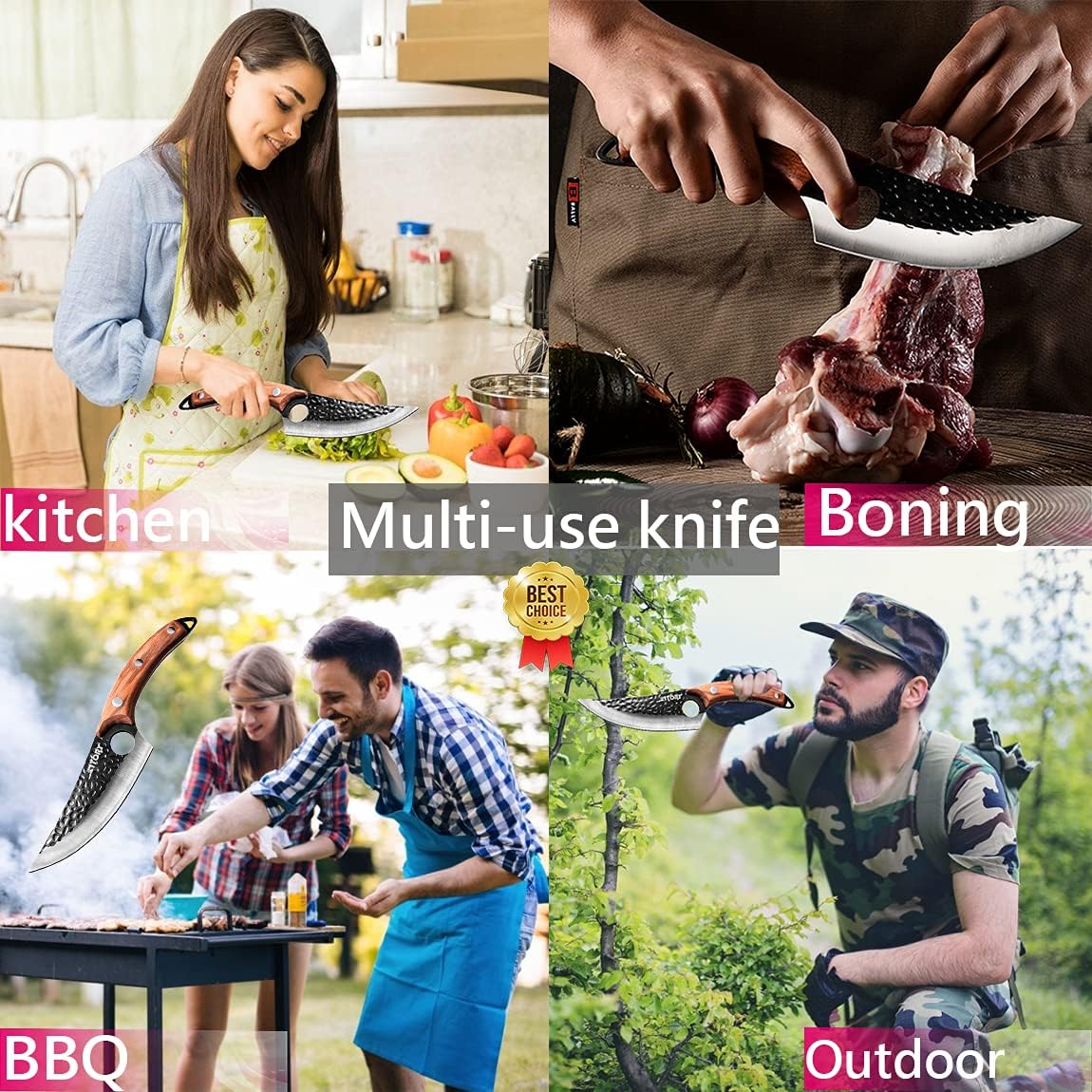 Butcher Knife for Meat Cutting, Hand Forged Viking Boning Knife with Ergonomic Wood Handle, High Carbon Steel Chinese Chef Knife for Camping, Outdoor, BBQ, Birthday Gift for Men