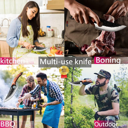 Butcher Knife for Meat Cutting, Hand Forged Viking Boning Knife with Ergonomic Wood Handle, High Carbon Steel Chinese Chef Knife for Camping, Outdoor, BBQ, Birthday Gift for Men