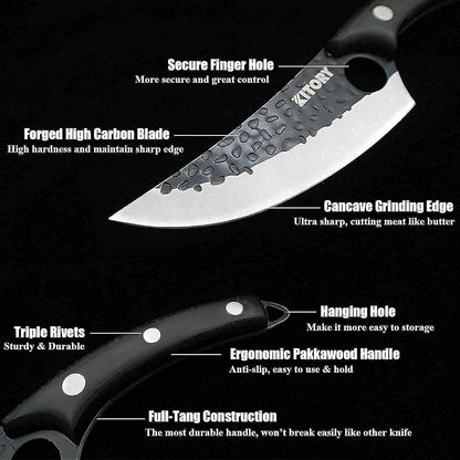 Butcher Knife for Meat Cutting, Hand Forged Viking Boning Knife with Ergonomic Wood Handle, High Carbon Steel Chinese Chef Knife for Camping, Outdoor, BBQ, Birthday Gift for Men