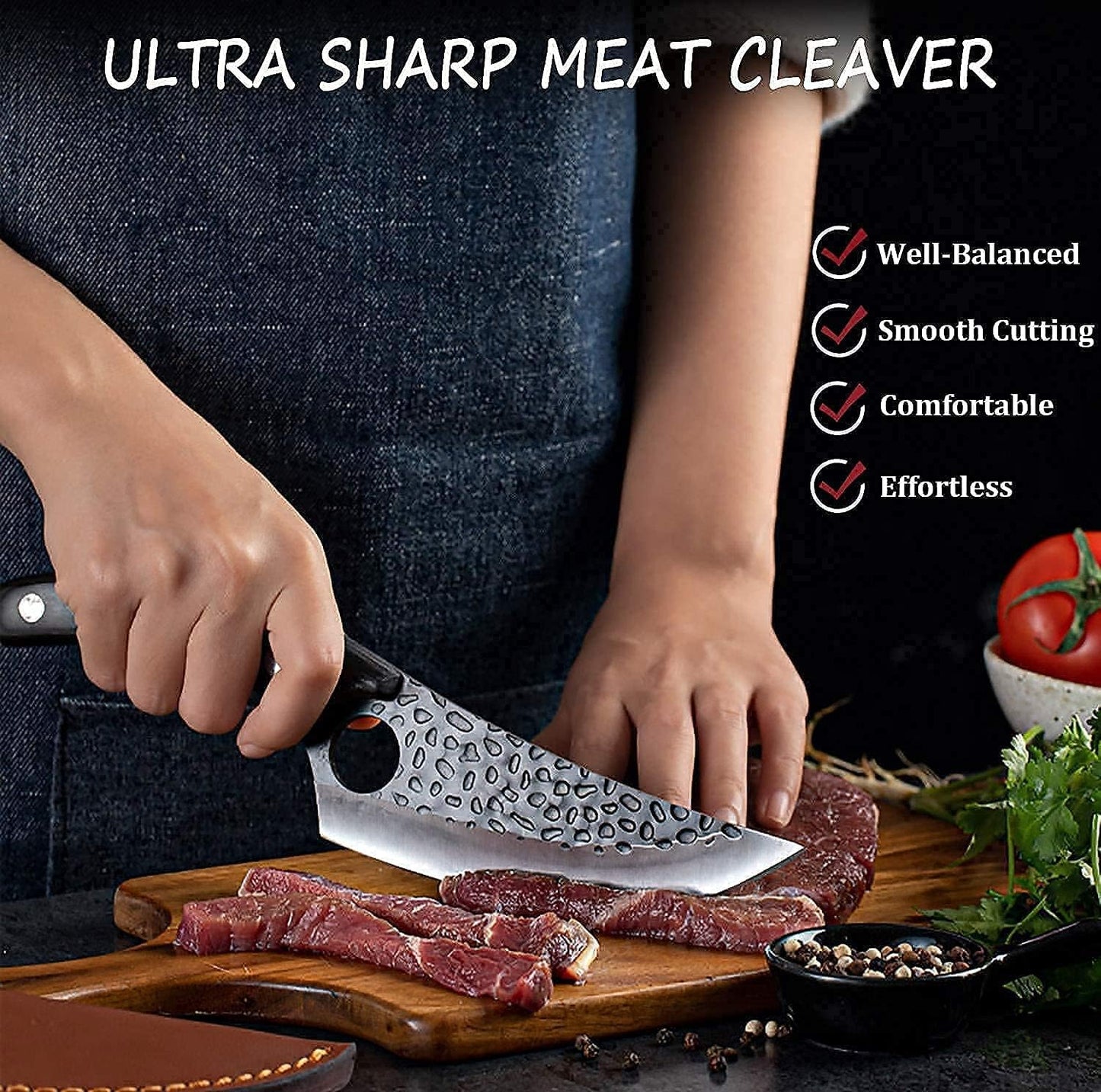 Butcher Knife for Meat Cutting, Hand Forged Viking Boning Knife with Ergonomic Wood Handle, High Carbon Steel Chinese Chef Knife for Camping, Outdoor, BBQ, Birthday Gift for Men
