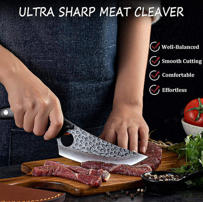 Butcher Knife for Meat Cutting, Hand Forged Viking Boning Knife with Ergonomic Wood Handle, High Carbon Steel Chinese Chef Knife for Camping, Outdoor, BBQ, Birthday Gift for Men