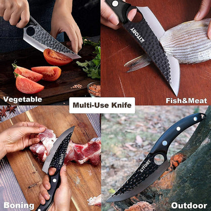 Butcher Knife for Meat Cutting, Hand Forged Viking Boning Knife with Ergonomic Wood Handle, High Carbon Steel Chinese Chef Knife for Camping, Outdoor, BBQ, Birthday Gift for Men