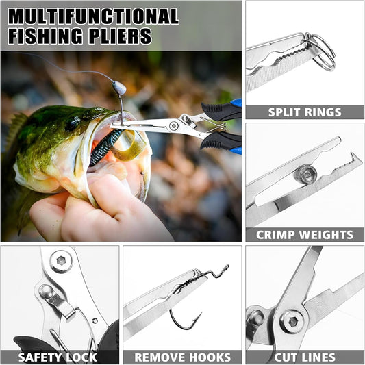 Fishing Tool Kit, 11 Pieces Fishing Gear, Fishing Pliers with Lanyard, Fillet Knife, Fish Lip Gripper, Fly Ice Fishing Hook Extractor, Anti-Cutting Gloves