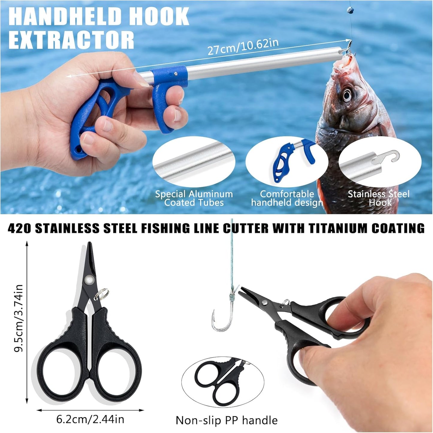 Fishing Tool Kit, 11 Pieces Fishing Gear, Fishing Pliers with Lanyard, Fillet Knife, Fish Lip Gripper, Fly Ice Fishing Hook Extractor, Anti-Cutting Gloves