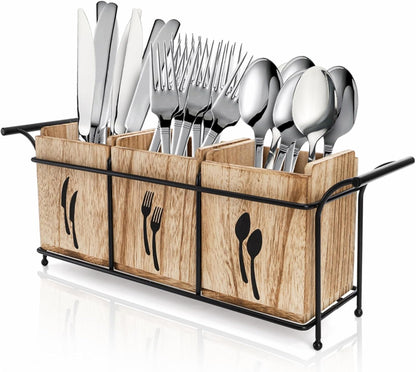 Wooden Utensil Holder for Party, Large Countertop Flatware Cutlery Caddy with Handle, 3 Detachable Compartment Silverware Cooking Organizer with Metal Tray for Fork, Spoon, Knives