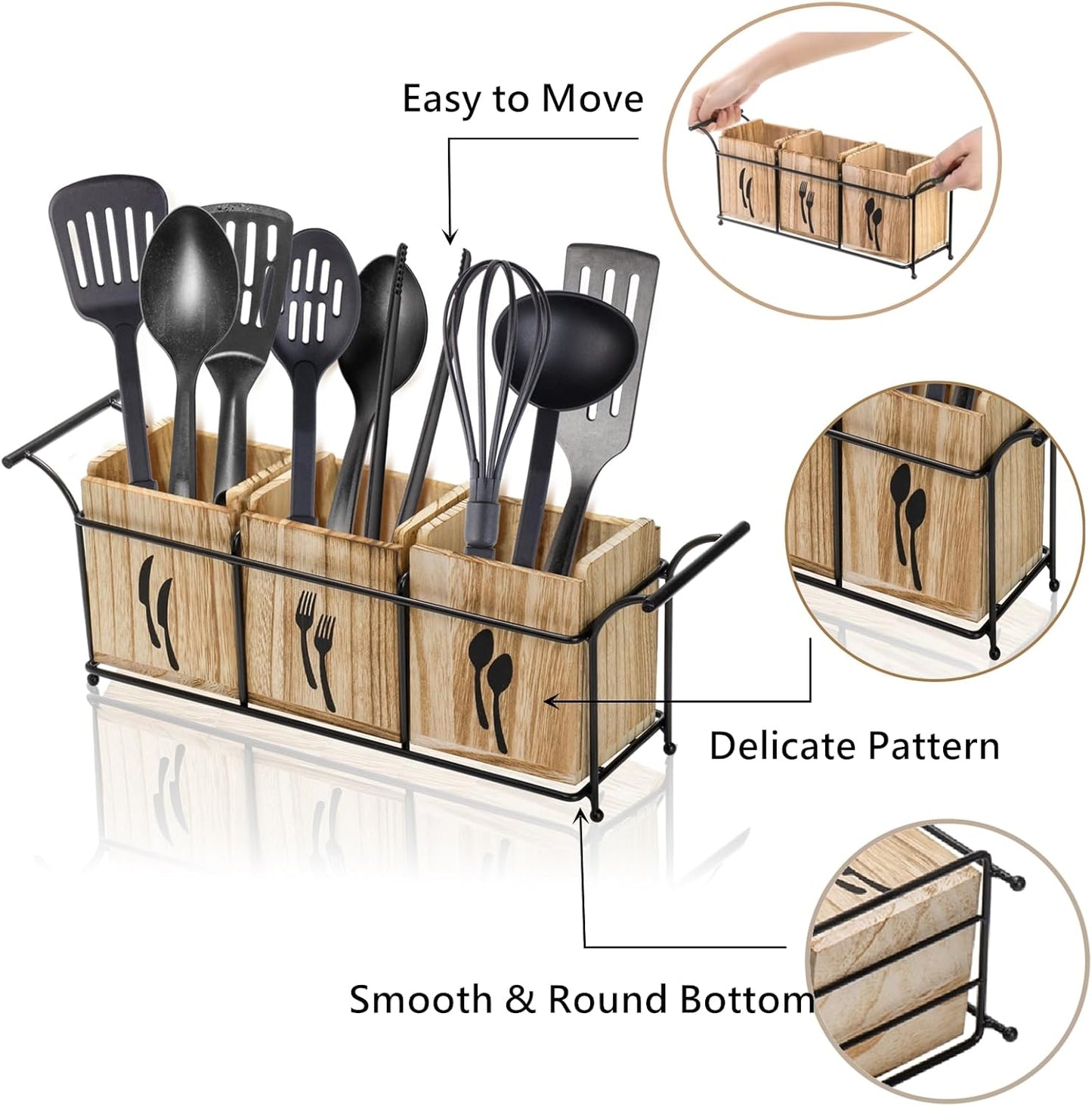 Wooden Utensil Holder for Party, Large Countertop Flatware Cutlery Caddy with Handle, 3 Detachable Compartment Silverware Cooking Organizer with Metal Tray for Fork, Spoon, Knives
