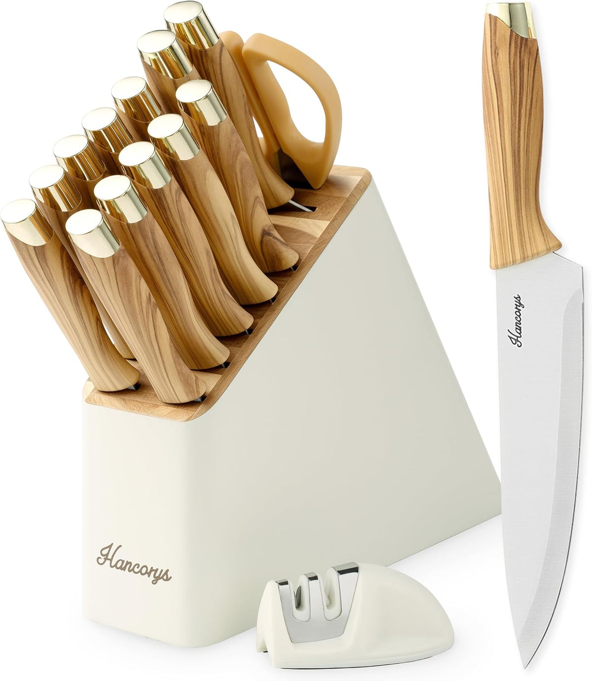 Knife Set, 15 PCS Kitchen Knife Set with Block and Sharpener