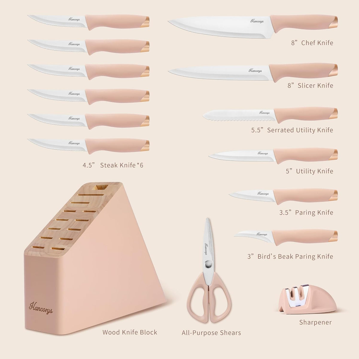 Knife Set, 15 PCS Kitchen Knife Set with Block and Sharpener