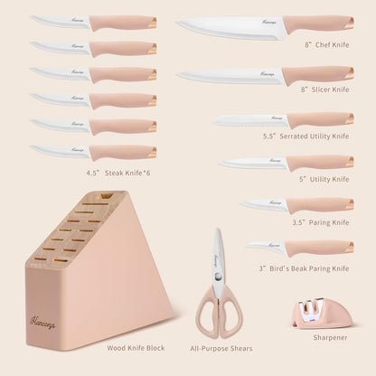 Knife Set, 15 PCS Kitchen Knife Set with Block and Sharpener