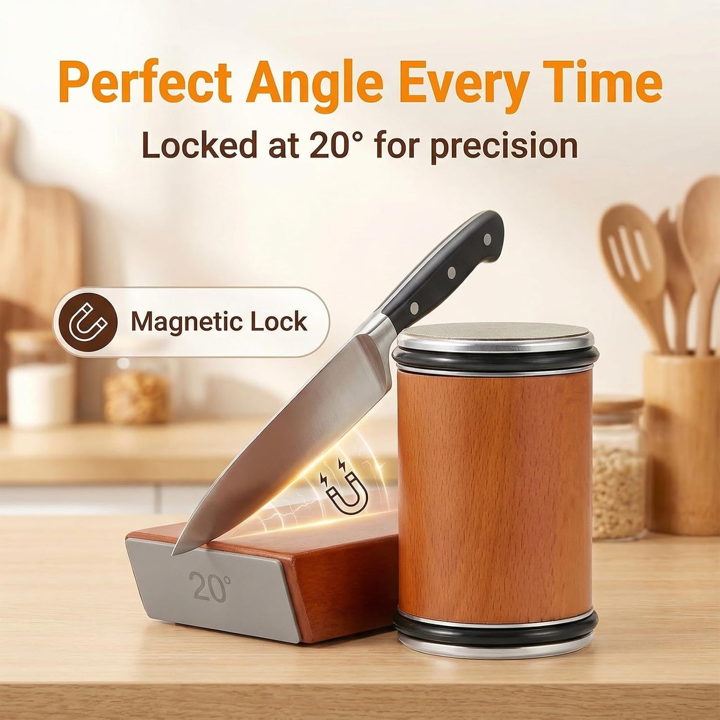Rolling Knife Sharpener Kit - Premium Solid Wood with Magnetic Angle Base & 2 Diamond Grinding Discs - Must-Have Knife Sharpening Stone Kit for Gifts!Achieve Razor-Sharp Blades!