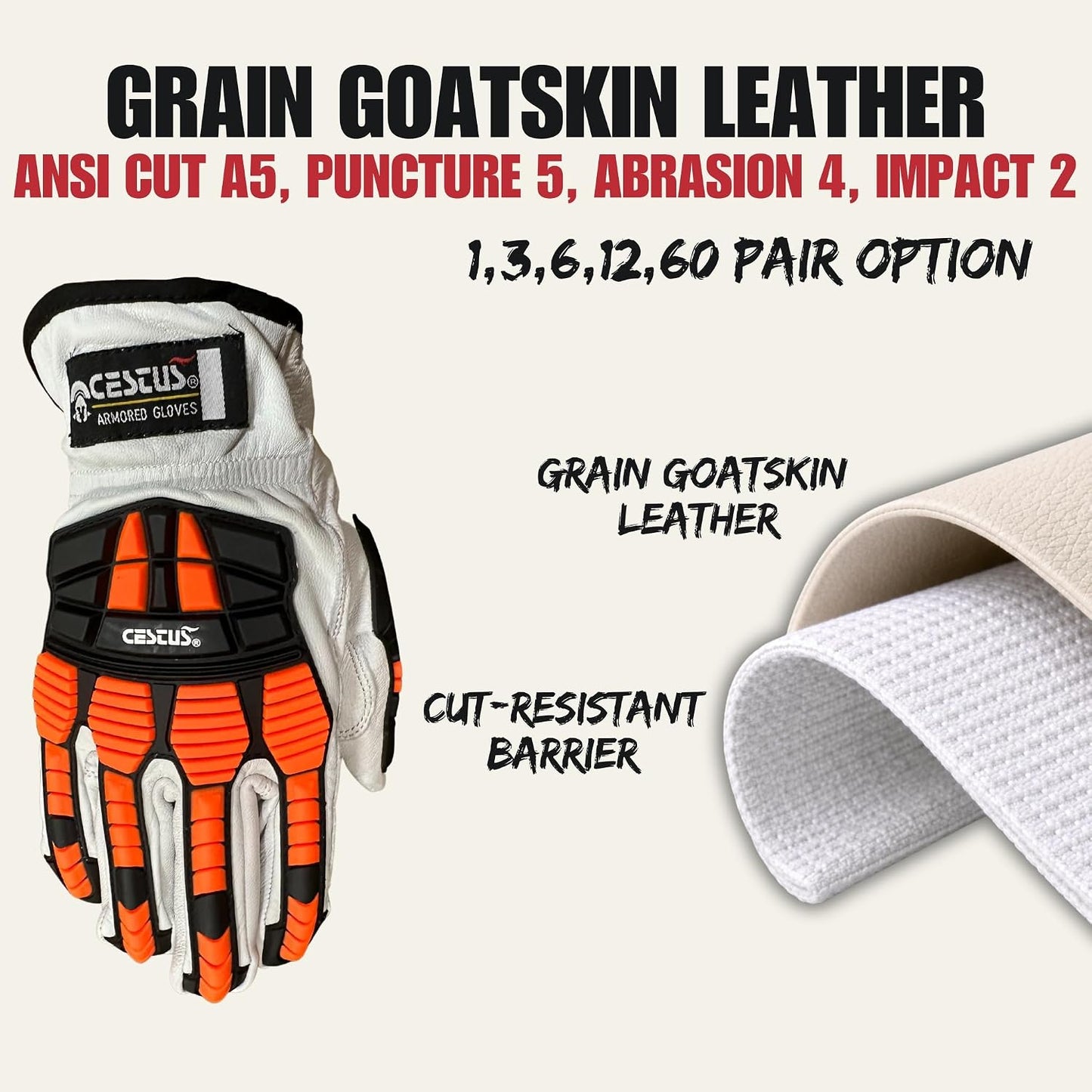 Cestus 3219, Goatskin Leather Impact Gloves, ANSI Cut A5