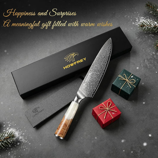 Damascus Chef Knife 8 Inch, 67-Layer Japanese Kitchen Knives Sharp VG-10 High Carbon Stainless Steel with Ergonomic Pakkawood Handles, Elegant Gift Box Packaging for Home and Kitchen
