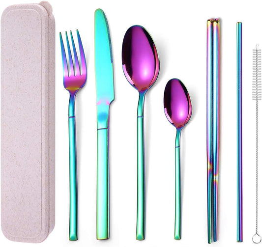7 Pieces Stainless Steel Flatware Set Portable Reusable Cutlery Set Travel Utensils Set Including Chopsticks Knife Fork Spoon Straws Cleaning Brush Dishwasher Safe (Multicolored)