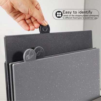 Index Chopping Board Set, 4-Pieces Plastic Cutting Boards with Food Icons and Storage Stand, BPA Free, Dishwasher Safe, Professional Chopping Board Set for Kitchen