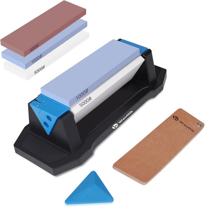 Knife Sharpening Stone,tri stone knife sharpener,3 Sides Grit 400/1000/5000,Whetstone Knife Sharpener with Non-Slip Base, Angle Guide & Leather Strop, for Kitchen Knives and Pocket Knives