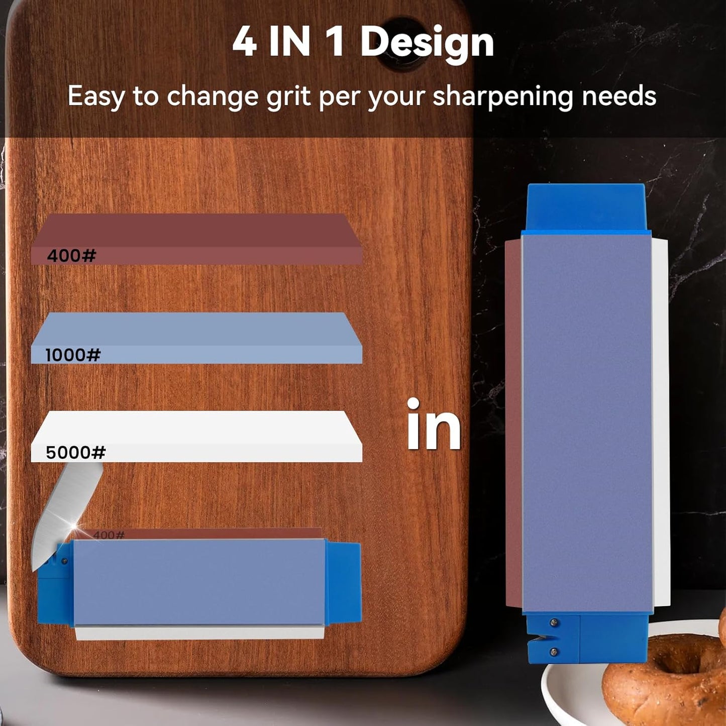 Knife Sharpening Stone,tri stone knife sharpener,3 Sides Grit 400/1000/5000,Whetstone Knife Sharpener with Non-Slip Base, Angle Guide & Leather Strop, for Kitchen Knives and Pocket Knives