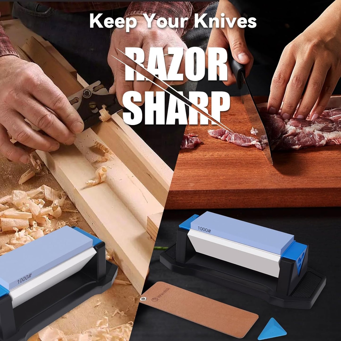 Knife Sharpening Stone,tri stone knife sharpener,3 Sides Grit 400/1000/5000,Whetstone Knife Sharpener with Non-Slip Base, Angle Guide & Leather Strop, for Kitchen Knives and Pocket Knives
