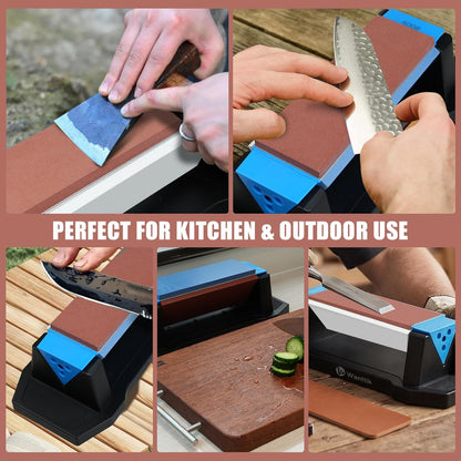 Knife Sharpening Stone,tri stone knife sharpener,3 Sides Grit 400/1000/5000,Whetstone Knife Sharpener with Non-Slip Base, Angle Guide & Leather Strop, for Kitchen Knives and Pocket Knives