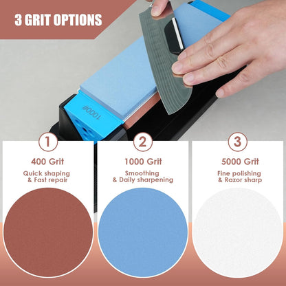 Knife Sharpening Stone,tri stone knife sharpener,3 Sides Grit 400/1000/5000,Whetstone Knife Sharpener with Non-Slip Base, Angle Guide & Leather Strop, for Kitchen Knives and Pocket Knives