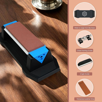 Knife Sharpening Stone,tri stone knife sharpener,3 Sides Grit 400/1000/5000,Whetstone Knife Sharpener with Non-Slip Base, Angle Guide & Leather Strop, for Kitchen Knives and Pocket Knives