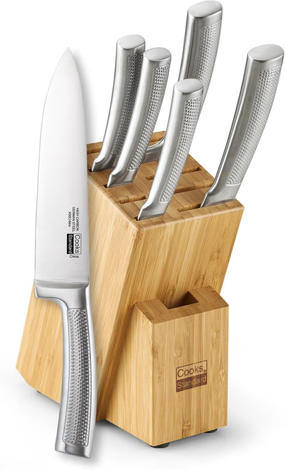 Classic Bamboo Kitchen Cutlery Block Set with Knifes, Stainless Steel Forge High Carbon German Blade with Expandable Bamboo Storage Block for Extra Slots, 6-Piece