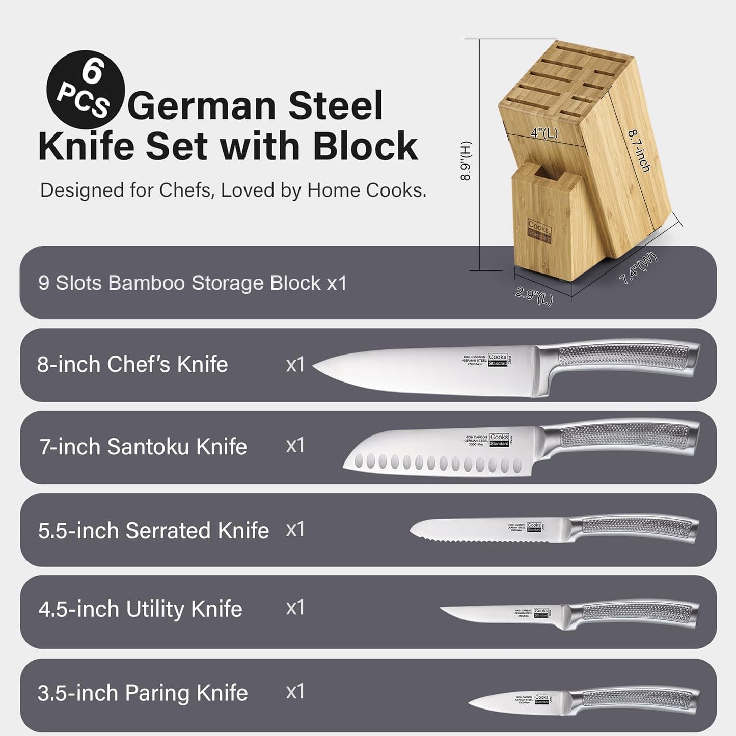 Classic Bamboo Kitchen Cutlery Block Set with Knifes, Stainless Steel Forge High Carbon German Blade with Expandable Bamboo Storage Block for Extra Slots, 6-Piece