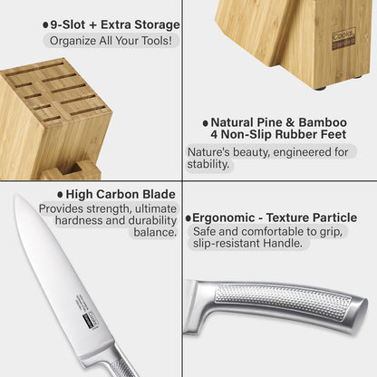 Classic Bamboo Kitchen Cutlery Block Set with Knifes, Stainless Steel Forge High Carbon German Blade with Expandable Bamboo Storage Block for Extra Slots, 6-Piece