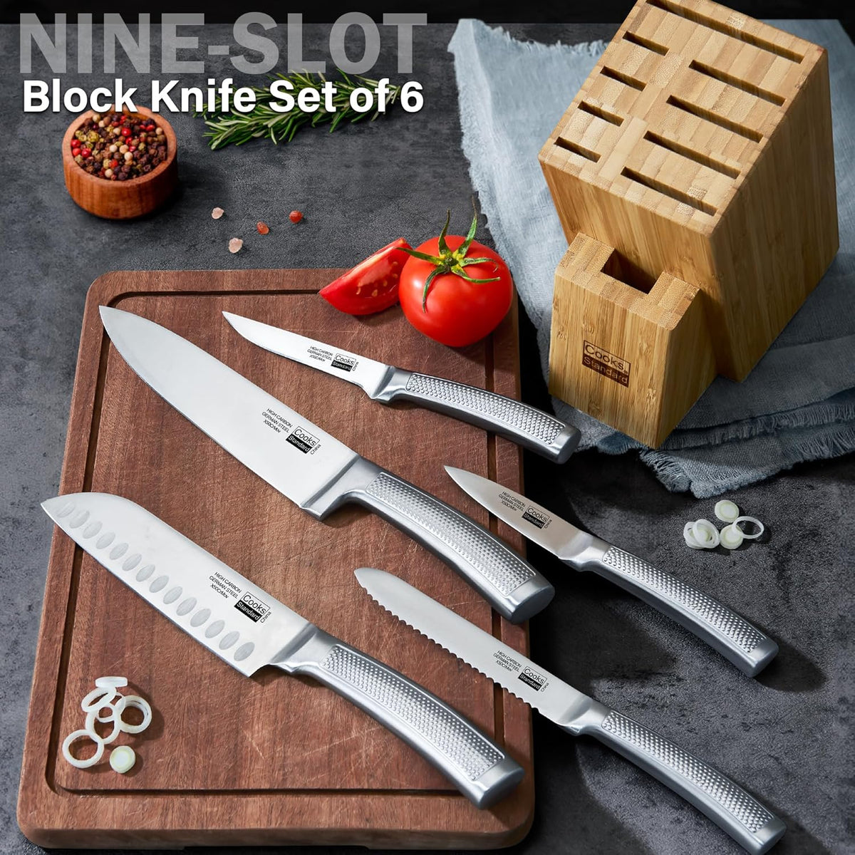 Classic Bamboo Kitchen Cutlery Block Set with Knifes, Stainless Steel Forge High Carbon German Blade with Expandable Bamboo Storage Block for Extra Slots, 6-Piece