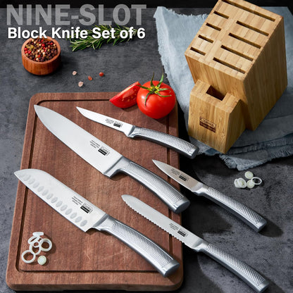 Classic Bamboo Kitchen Cutlery Block Set with Knifes, Stainless Steel Forge High Carbon German Blade with Expandable Bamboo Storage Block for Extra Slots, 6-Piece