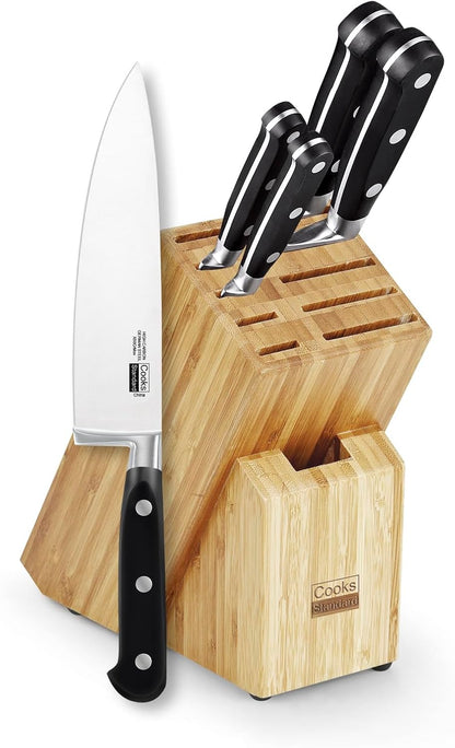Classic Bamboo Kitchen Cutlery Block Set with Knifes, Stainless Steel Forge High Carbon German Blade with Expandable Bamboo Storage Block for Extra Slots, 6-Piece