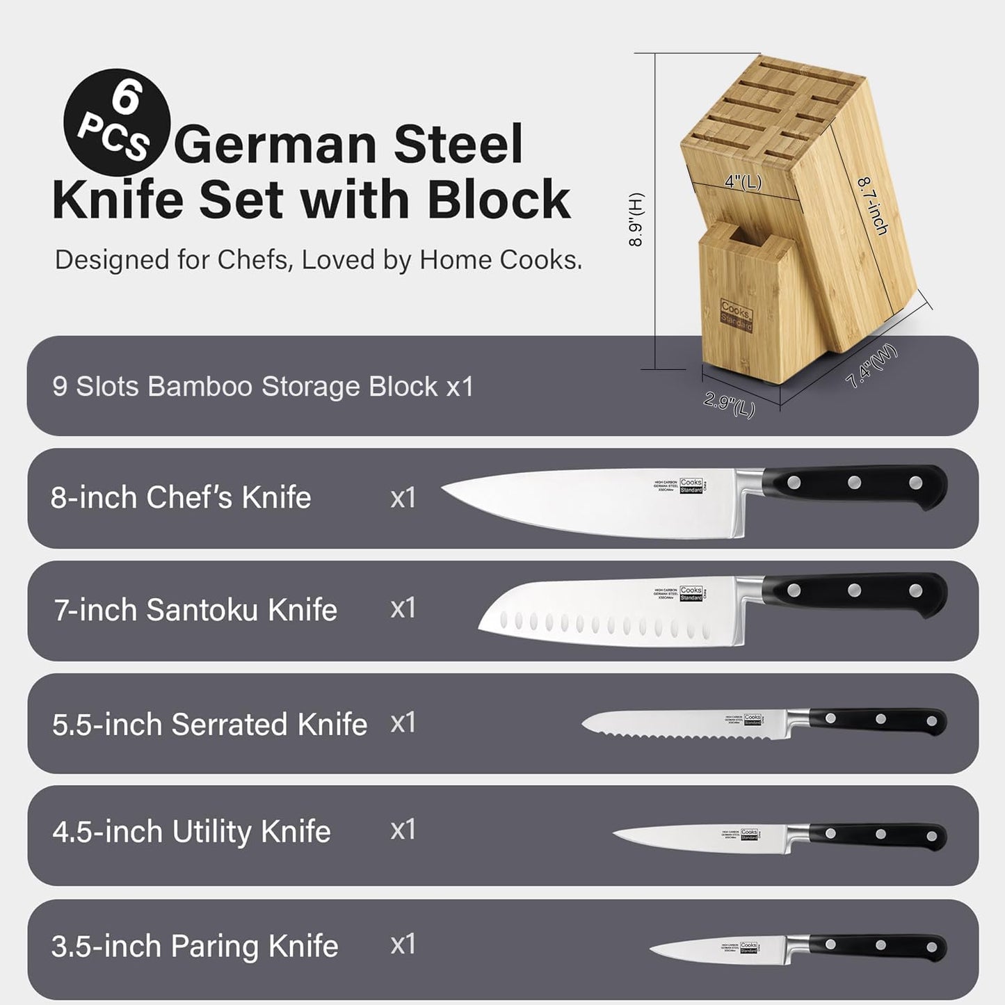 Classic Bamboo Kitchen Cutlery Block Set with Knifes, Stainless Steel Forge High Carbon German Blade with Expandable Bamboo Storage Block for Extra Slots, 6-Piece