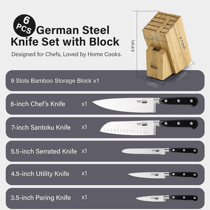 Classic Bamboo Kitchen Cutlery Block Set with Knifes, Stainless Steel Forge High Carbon German Blade with Expandable Bamboo Storage Block for Extra Slots, 6-Piece