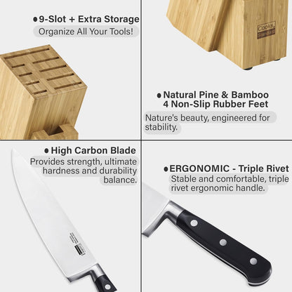 Classic Bamboo Kitchen Cutlery Block Set with Knifes, Stainless Steel Forge High Carbon German Blade with Expandable Bamboo Storage Block for Extra Slots, 6-Piece