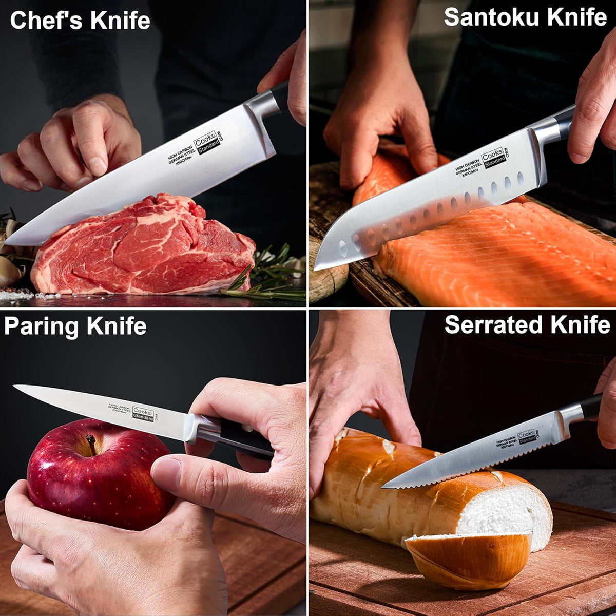 Classic Bamboo Kitchen Cutlery Block Set with Knifes, Stainless Steel Forge High Carbon German Blade with Expandable Bamboo Storage Block for Extra Slots, 6-Piece