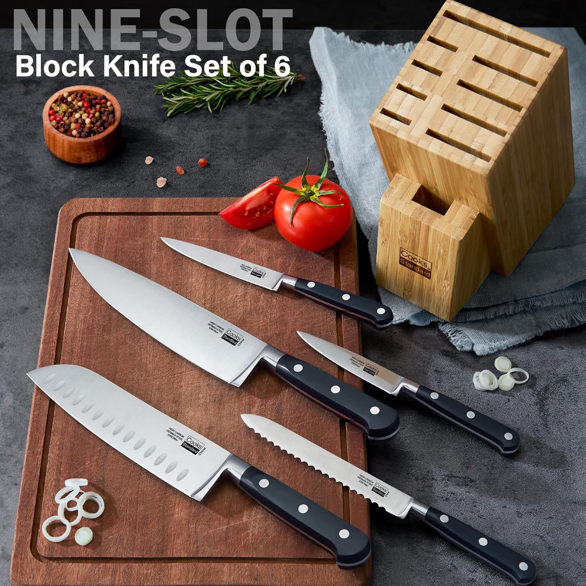 Classic Bamboo Kitchen Cutlery Block Set with Knifes, Stainless Steel Forge High Carbon German Blade with Expandable Bamboo Storage Block for Extra Slots, 6-Piece