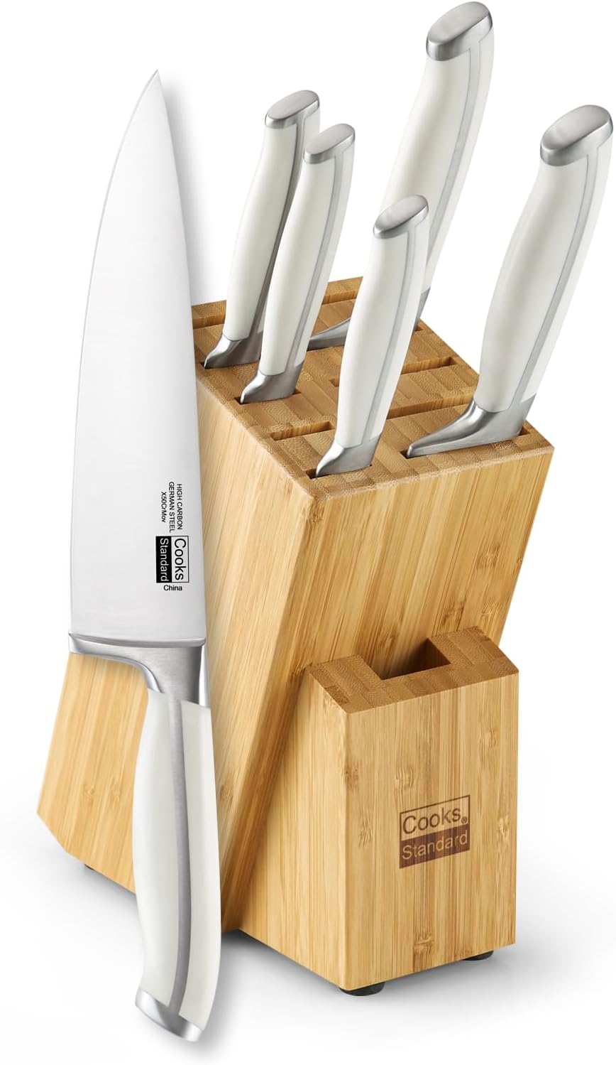 Classic Bamboo Kitchen Cutlery Block Set with Knifes, Stainless Steel Forge High Carbon German Blade with Expandable Bamboo Storage Block for Extra Slots, 6-Piece