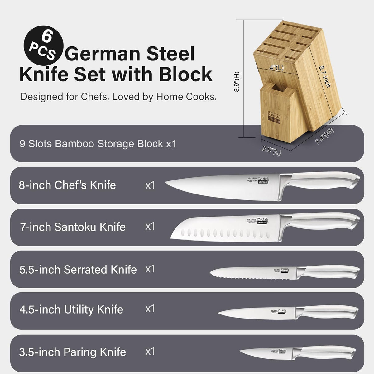 Classic Bamboo Kitchen Cutlery Block Set with Knifes, Stainless Steel Forge High Carbon German Blade with Expandable Bamboo Storage Block for Extra Slots, 6-Piece