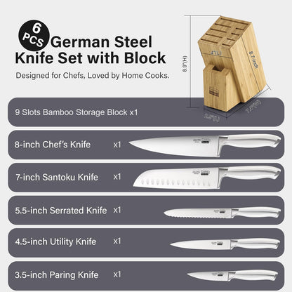 Classic Bamboo Kitchen Cutlery Block Set with Knifes, Stainless Steel Forge High Carbon German Blade with Expandable Bamboo Storage Block for Extra Slots, 6-Piece