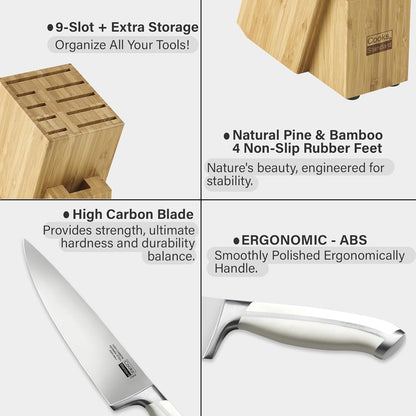 Classic Bamboo Kitchen Cutlery Block Set with Knifes, Stainless Steel Forge High Carbon German Blade with Expandable Bamboo Storage Block for Extra Slots, 6-Piece