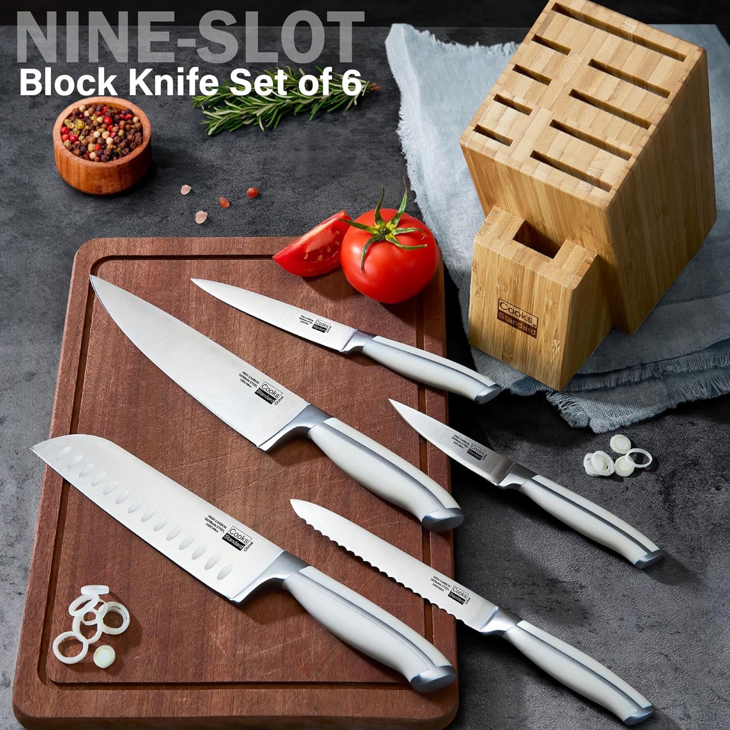 Classic Bamboo Kitchen Cutlery Block Set with Knifes, Stainless Steel Forge High Carbon German Blade with Expandable Bamboo Storage Block for Extra Slots, 6-Piece