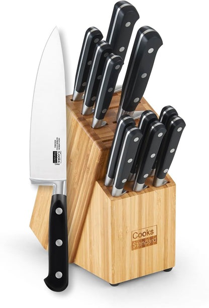 Classic Bamboo Kitchen Cutlery Block Set with Knifes, Stainless Steel Forge High Carbon German Blade with Expandable Bamboo Storage Block for Extra Slots, 6-Piece