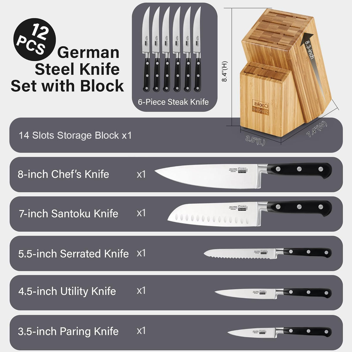 Classic Bamboo Kitchen Cutlery Block Set with Knifes, Stainless Steel Forge High Carbon German Blade with Expandable Bamboo Storage Block for Extra Slots, 6-Piece