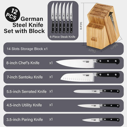 Classic Bamboo Kitchen Cutlery Block Set with Knifes, Stainless Steel Forge High Carbon German Blade with Expandable Bamboo Storage Block for Extra Slots, 6-Piece