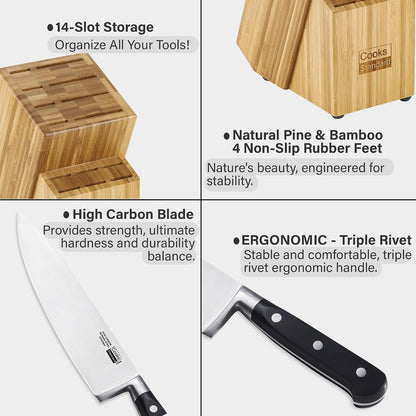 Classic Bamboo Kitchen Cutlery Block Set with Knifes, Stainless Steel Forge High Carbon German Blade with Expandable Bamboo Storage Block for Extra Slots, 6-Piece