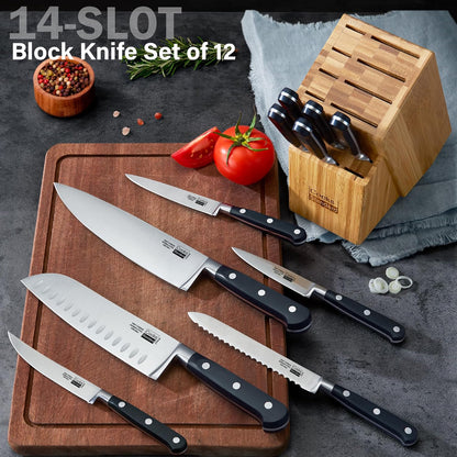 Classic Bamboo Kitchen Cutlery Block Set with Knifes, Stainless Steel Forge High Carbon German Blade with Expandable Bamboo Storage Block for Extra Slots, 6-Piece